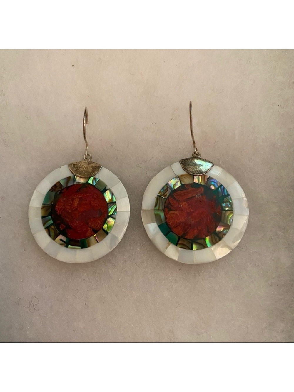 EARRINGS STERLING SILVER 925 WIRES WHITE SHELL MOP RED INLAY MOSAIC ABALONE